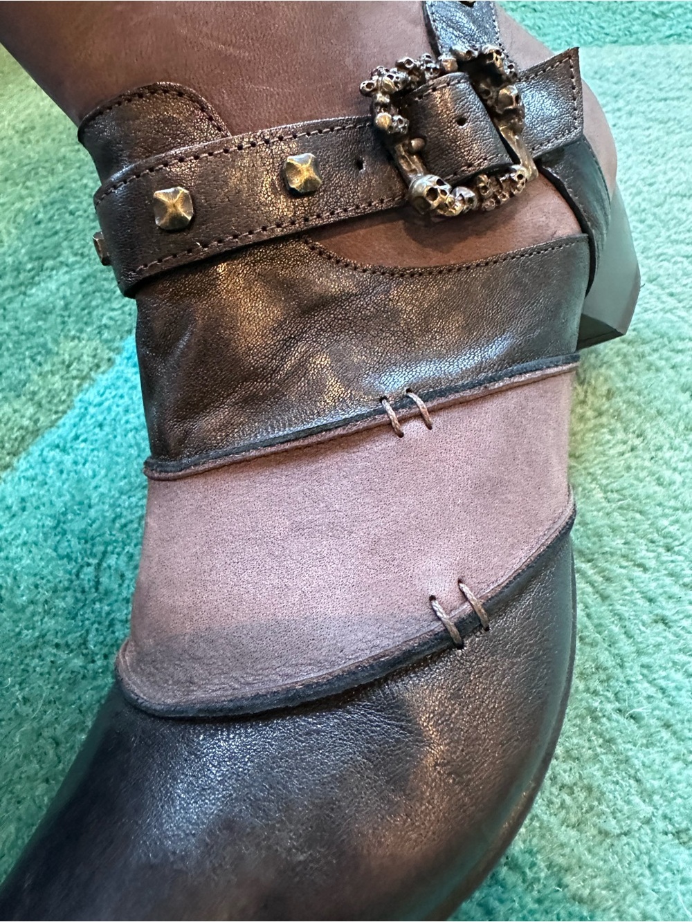 Fluevog LIKE NEW Truth Spencer chocolate brown skull buckle mid-calf boot - 7 - Picture 13 of 16